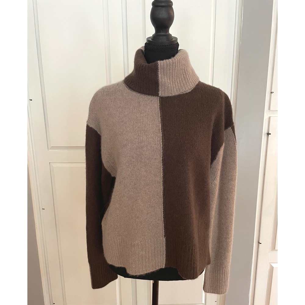 Magaschoni Cashmere Sweater Womens Medium Brown Tan Colorblock Turtleneck Luxury
